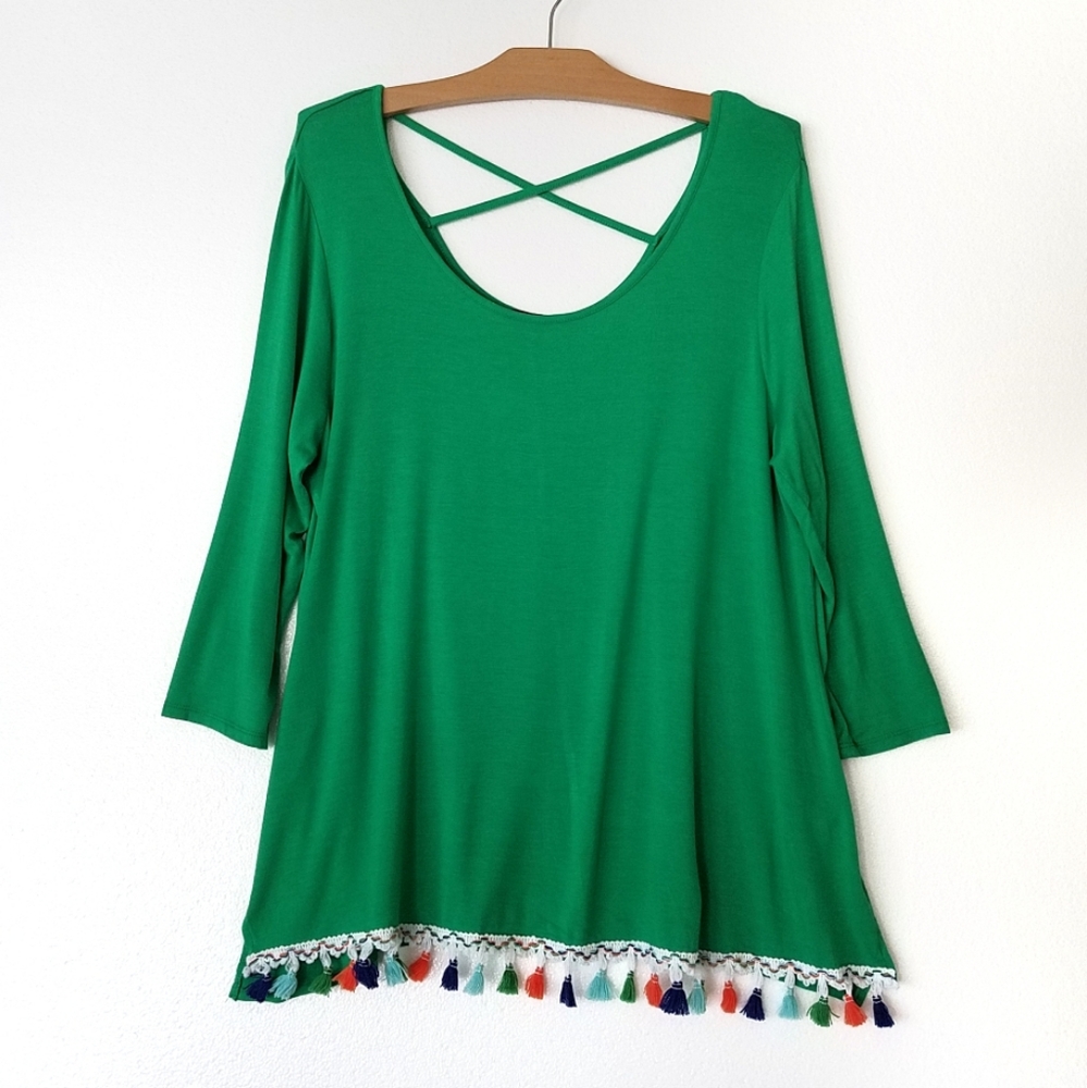 B.L.U.E. tassel trim strappy back tunic top green